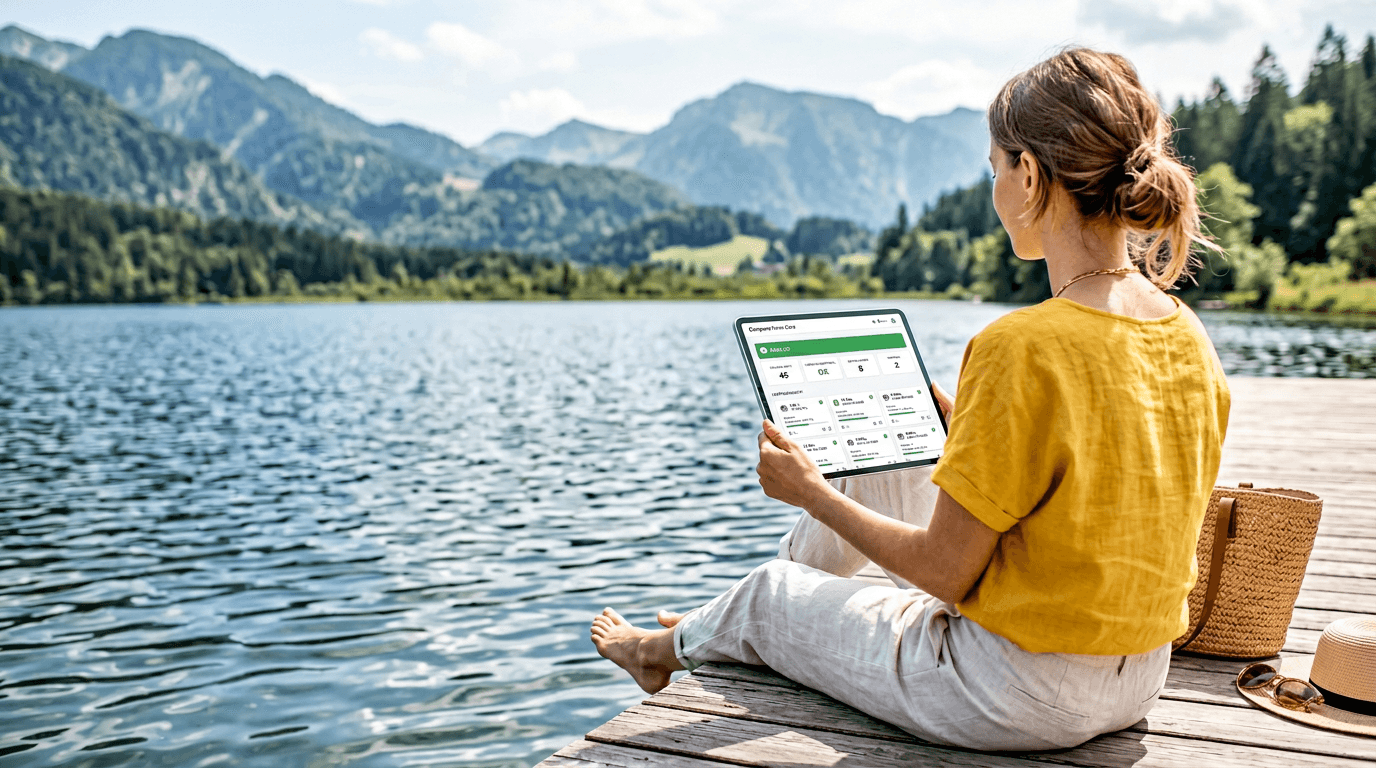 KI-generiertes Bild: Entspannte Urlaubsstimmung am Wasser: Person auf einem Steg mit Tablet, darauf das Compana-Toner-Care-Dashboard mit Status Alles OK