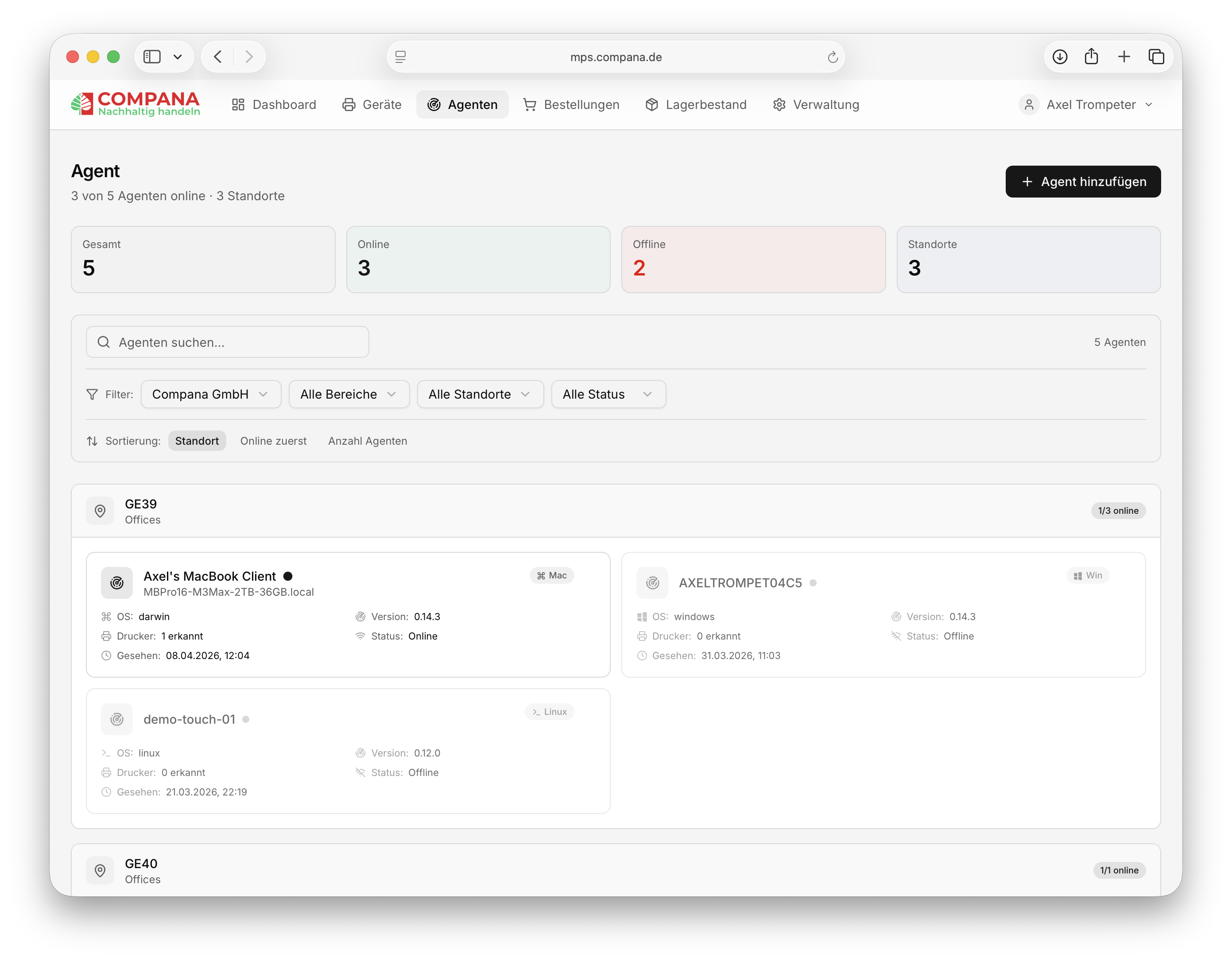 Compana Toner Care: Agenten-Übersicht mit Karten Gesamt, Online, Offline, Standorte und gruppierten Agentenlisten