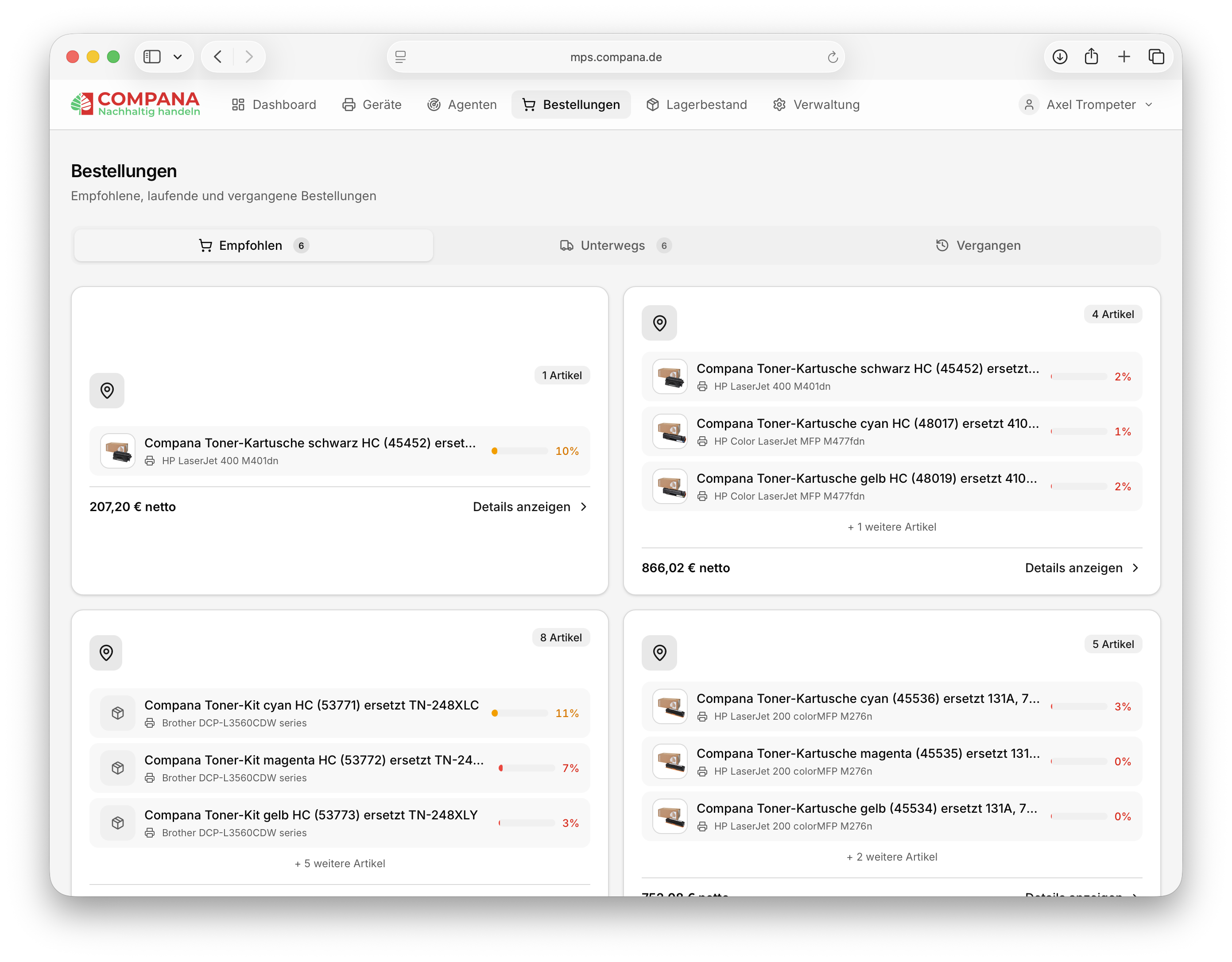 Compana Toner Care: Bestellungen mit Tabs Empfohlen, Unterwegs, Vergangen und Karten je Standort mit Artikeln und Restfüllständen