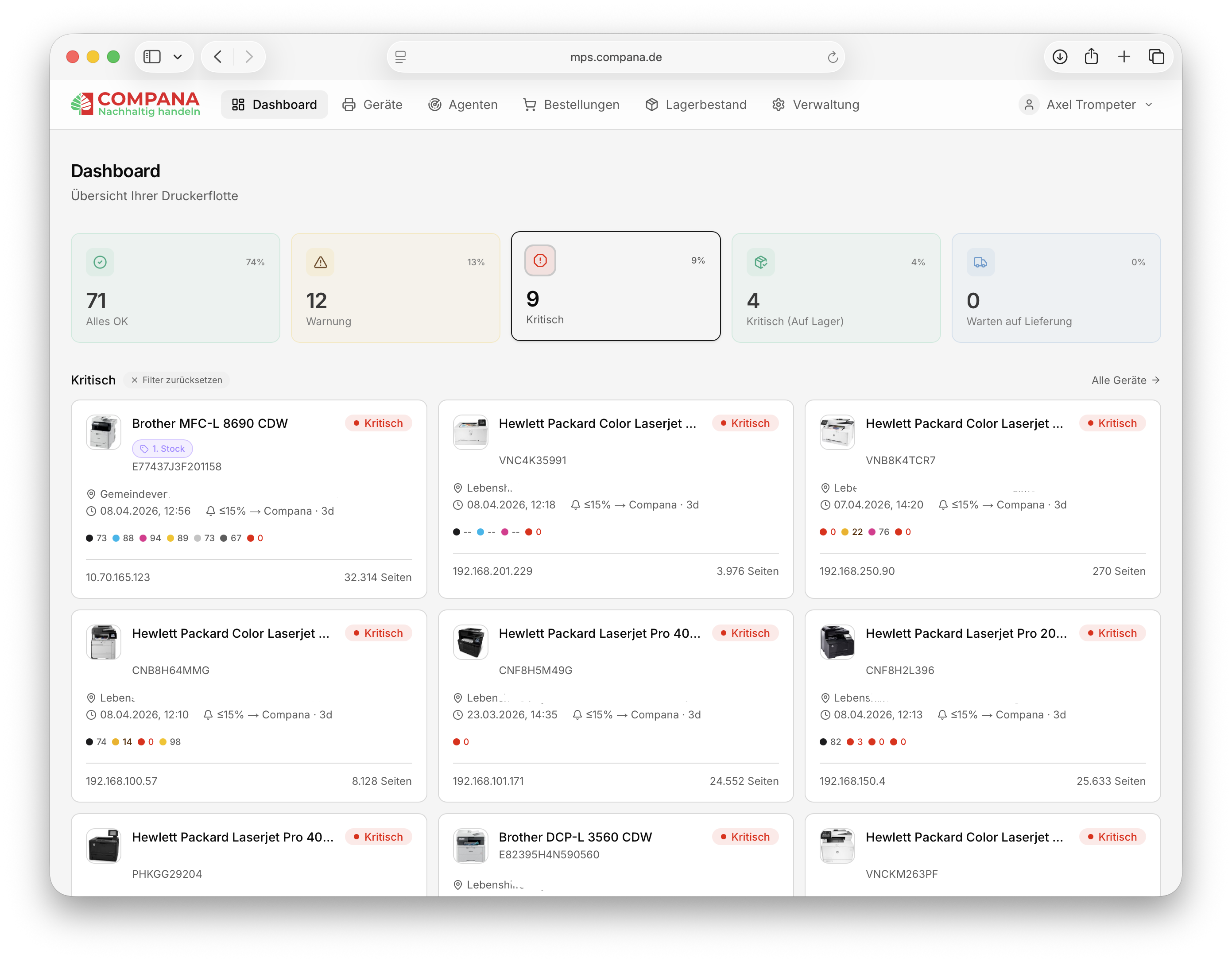 Compana Toner Care: Dashboard mit Status-Kacheln (Alles OK, Warnung, Kritisch, Auf Lager, Warten auf Lieferung) und Gerätekarten