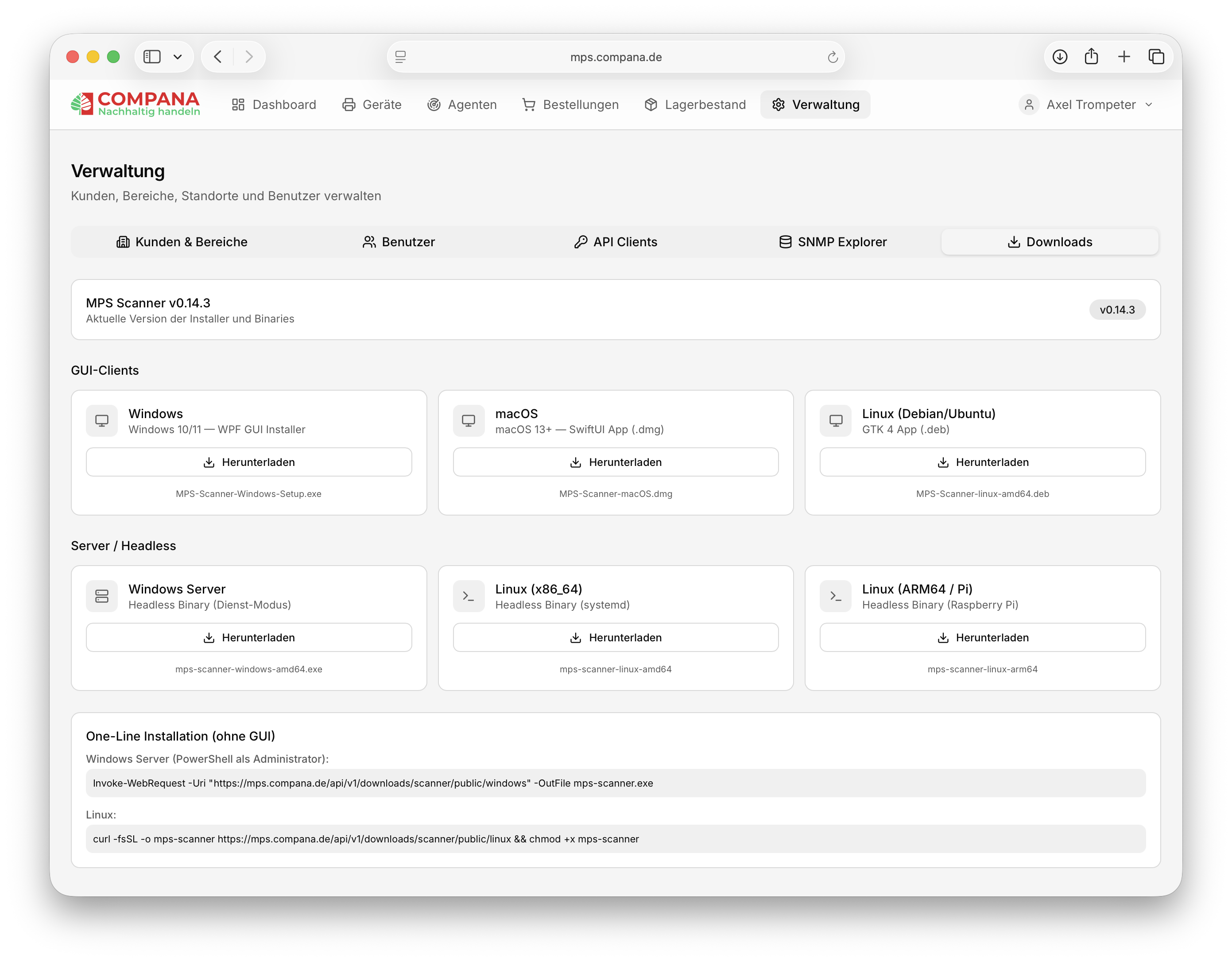 Compana Toner Care: Verwaltung Register Downloads mit Installern für Windows, macOS, Debian, Headless-Binaries und PowerShell-curl-Snippets